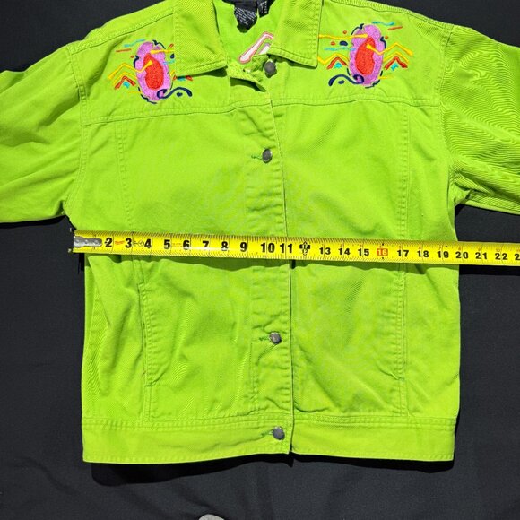 IB Diffusion VINTAGE Women's Denim Jacket Size 10 Bright Green Embroidered - Picture 6 of 10